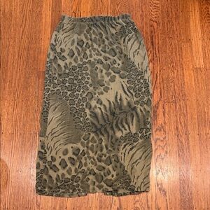 Hot Cotton by Marc Ware Green Leopard Linen Midi Skirt Medium | Coastal Boho Saf